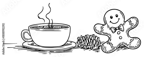 Hot Drink with Gingerbread Cookie and Pine Cone Christmas Illustration