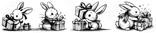 Set of Cute Rabbits Holding Gift Boxes and Presents in Pencil Sketch Style