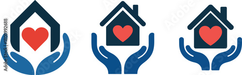 Hands holding house with heart icon vector.