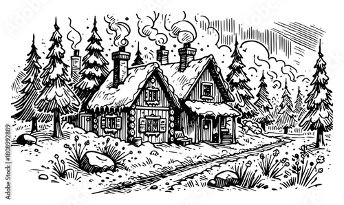 Winter Log Cabin in Snowy Forest Vintage Engraving Illustration