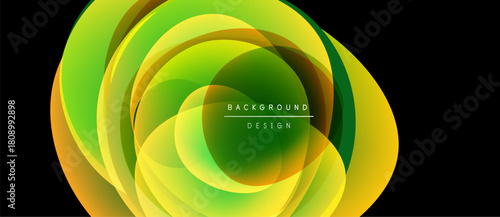 Abstract design features layered, flowing shapes. Vibrant greens, yellows create dynamic visual effect. Modern background element.