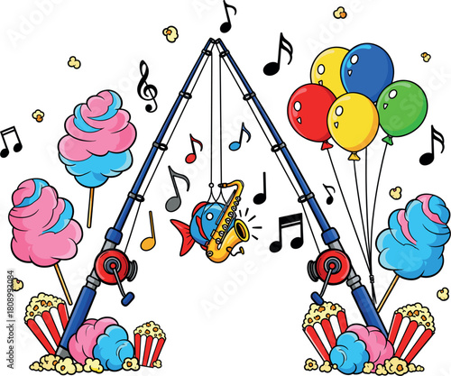 Whimsical fishing scene with cotton candy balloons and music notes