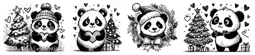 Cute Christmas Panda Characters with Tree and Gifts Vector Illustration