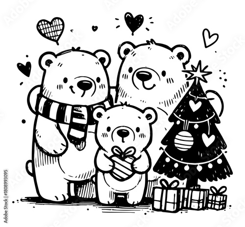 Cute Bear Family Celebrating Christmas with Gifts and Tree Illustration