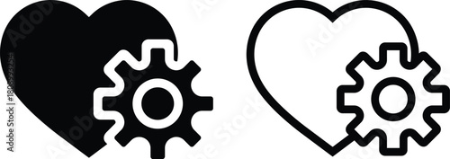 Heart and Settings Icon Duo. Solid and Outline Love with Gear Overlay.