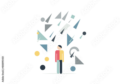 Abstract geometric chaos surrounding solitary figure on minimalist background