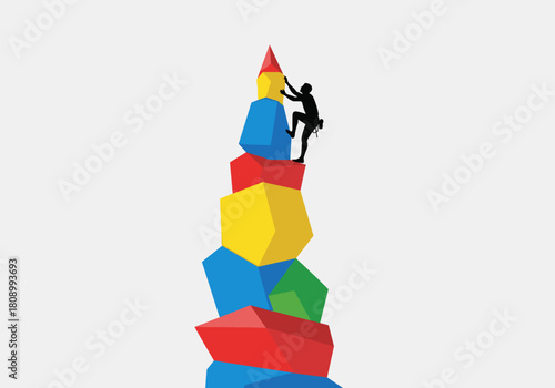 Silhouette climbers scaling colorful geometric shapes for success concept