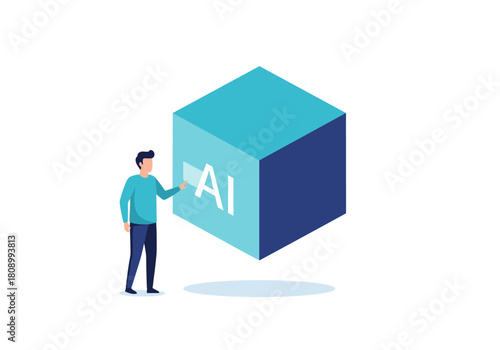 Digital transformation concept: man interacting with ai cube in modern design