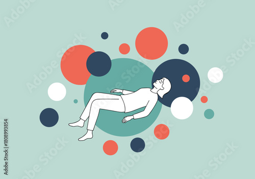 Dreamy minimalist design with a relaxing floating figure and colorful circles