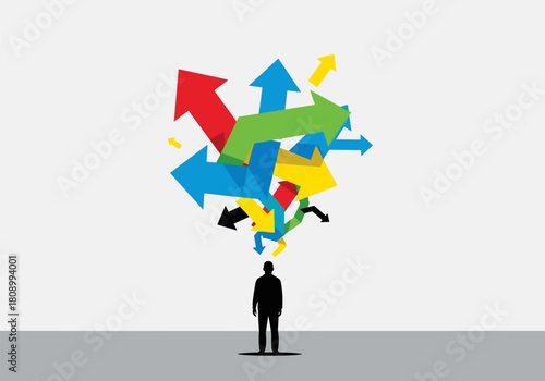 Man contemplating colorful arrows in multiple directions symbolizing choices