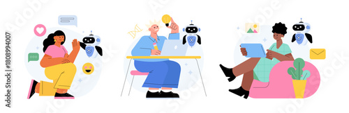 Illustration of diverse people interacting with AI robots
