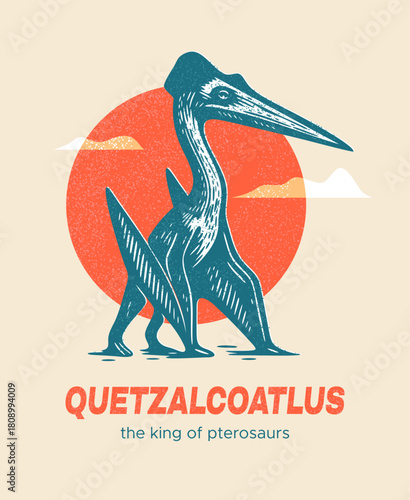 Vintage-style illustration of Quetzalcoatlus with bold textures and sunset background