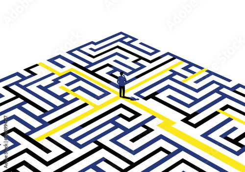 Businessman in isometric maze: navigating challenges and finding solutions