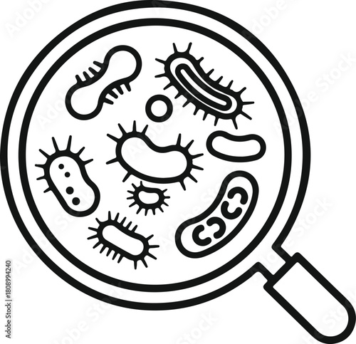 Magnifying glass examining diverse bacteria germs microbes and pathogens