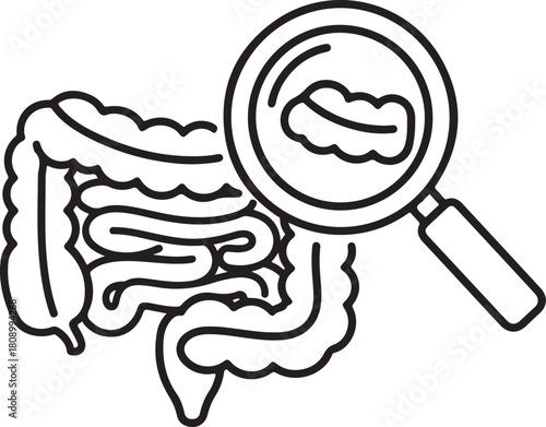 Human intestine digestive system with magnifying glass medical checkup icon
