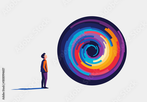 Colorful abstract swirl with contemplative figure in minimalist design