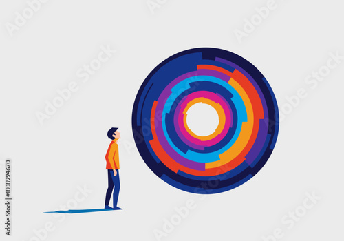 Exploring a vibrant abstract circle with a contemplative figure in minimalist design