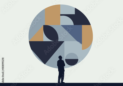 Abstract geometric design with contemplative figure in modern silhouette style