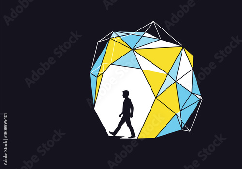 Geometric polygon silhouette of walking human in abstract design