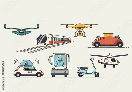 Futuristic transport set with drones, high-speed train, and electric vehicles in flat style
