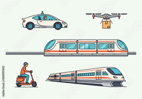 Modern transportation icons featuring high speed train, drone, and autonomous car in colorful line art