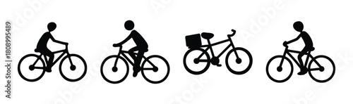 Various cycling silhouettes: riders, bicycle, and delivery