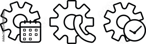Set of Outline Cogwheel Icons. Technical Settings for Scheduling, Contact, and Time Management.
