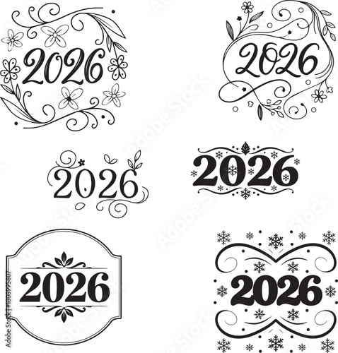 2026  typography vector silhouette with different ornaments design for happy new year, perfect for welcoming the new year with joy and excitement isolated on white Backround, six design layout. 