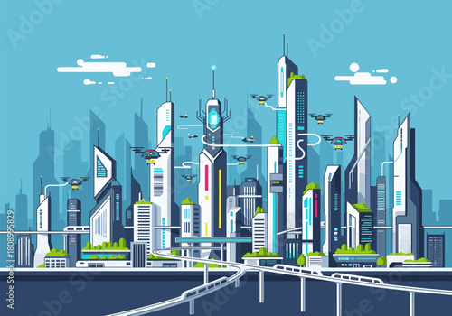 Futuristic urban skyline with high-tech skyscrapers and drones in a modern cityscape