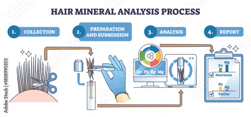 Hair mineral analysis workflow illustrating step-by-step from collection to lab testing and report, scissors, test tube, clipboard guide nutrients vs toxins results. Outline diagram