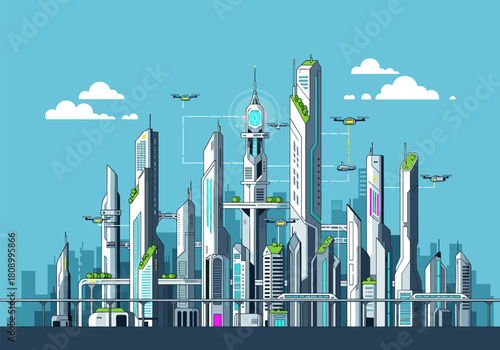 Futuristic cityscape with drone transportation and smart architecture