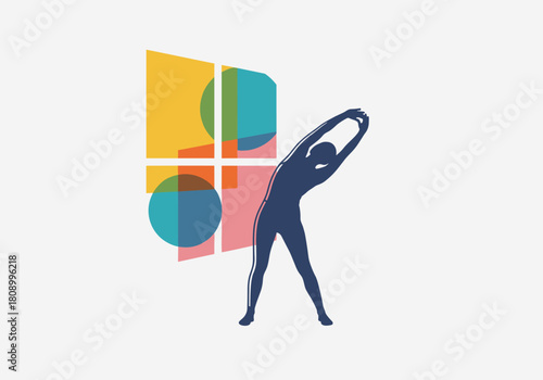 Abstract modern fitness art with bold geometric shapes and stretching silhouette