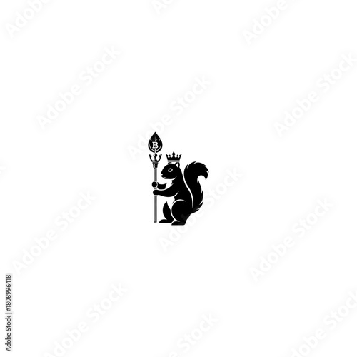 Stylized silhouette of a squirrel holding a spear and crown on white background