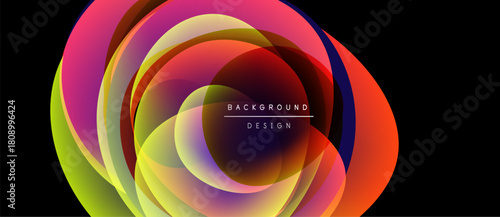 Abstract colorful layers create dynamic circular pattern. Vibrant hues blend, forming modern background design. Smooth gradients offer visual interest.