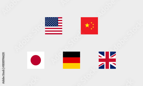 Flaggen der größten Volkswirtschaften als quadratische Icons – USA, China, Japan, Deutschland, Großbritannien (korrekte Farbdarstellung)