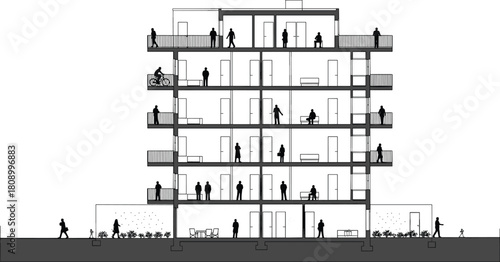 Architectural cross section of residential apartment building with people silhouettes living inside, isolated on white background, vector illustration