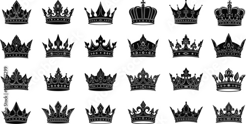 Set of black royal crown silhouettes, king and queen heraldic symbols, isolated on white background, vintage vector illustration collection