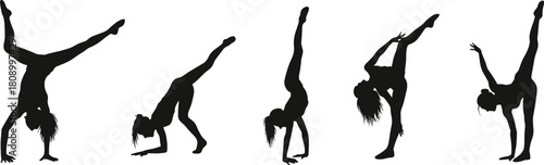 Gymnastics silhouette sequence, dance movement pose, cartwheel action vector, black human shape, athletic flexibility, abstract motion illustration set