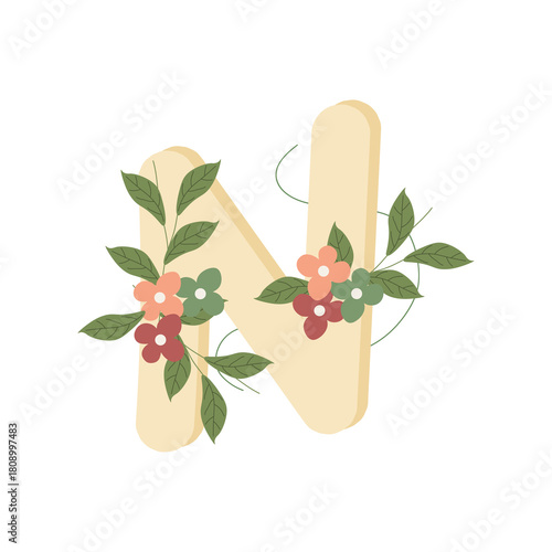 Illustration of the letter N in flat style, decorated with colorful flowers and green leaves, creating a delicate and botanical look. Ideal for monograms, invitations, and personalized stationery.