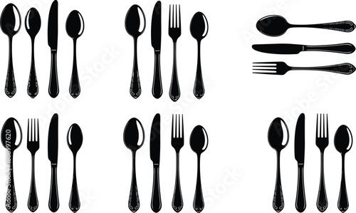 Set of black silhouettes of vintage cutlery, spoon fork and knife, kitchen utensils isolated on white background, vector illustration