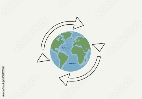 Global recycling concept with earth and arrows in minimal flat style
