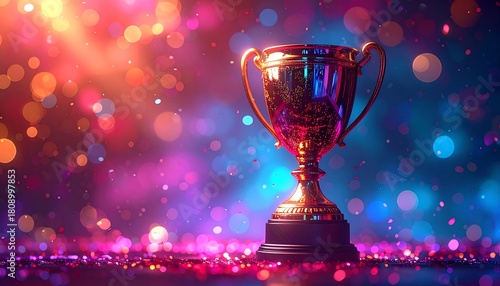 Glistening golden trophy sits amidst vibrant bokeh, sparkles, and colorful lights