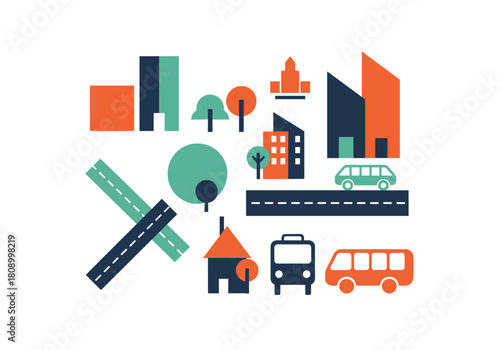 Flat urban elements: cityscape design with roads, buildings, and vehicles