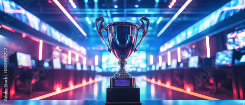 A shiny trophy stands proudly at a lively eSports event, surrounded by colorful lights and screens showcasing intense gaming moments, symbolizing triumph