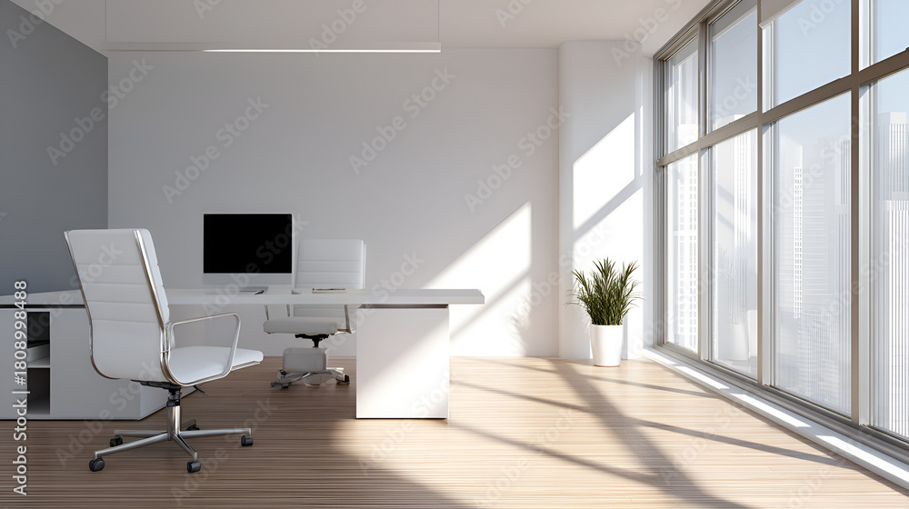 Fototapeta premium Serene Office Space with Sunlight: An impeccably designed modern office bathed in natural sunlight. Clean lines, minimalist decor.