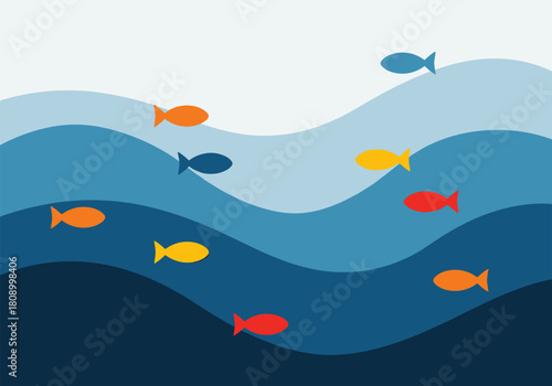 Bright colorful fish swimming in abstract blue ocean waves