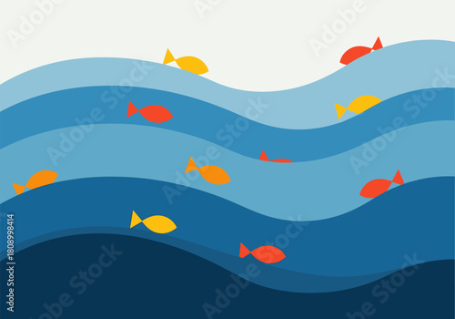 Colorful fish swimming in blue layered waves design