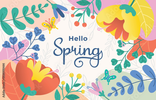 Hello Spring floral vector illustration colorful flat design with flowers and butterflies seasonal g