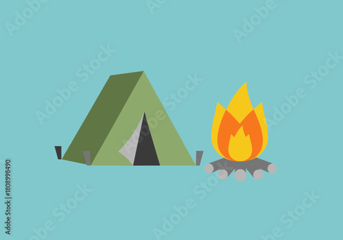Camping adventure with tent and campfire in minimalist design