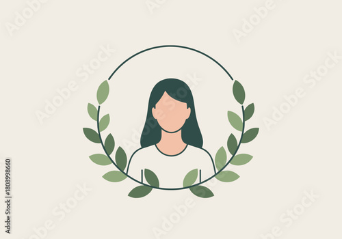 Minimalist female avatar with leaf border in circular design